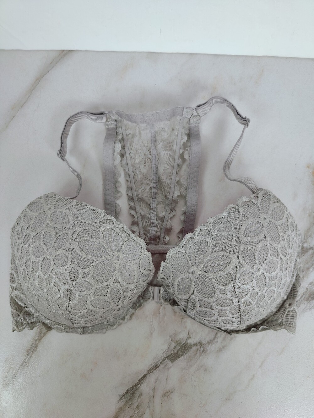 Victoria's Secret PINK Grey Lace Date Racerback Bra, Sz 36DD